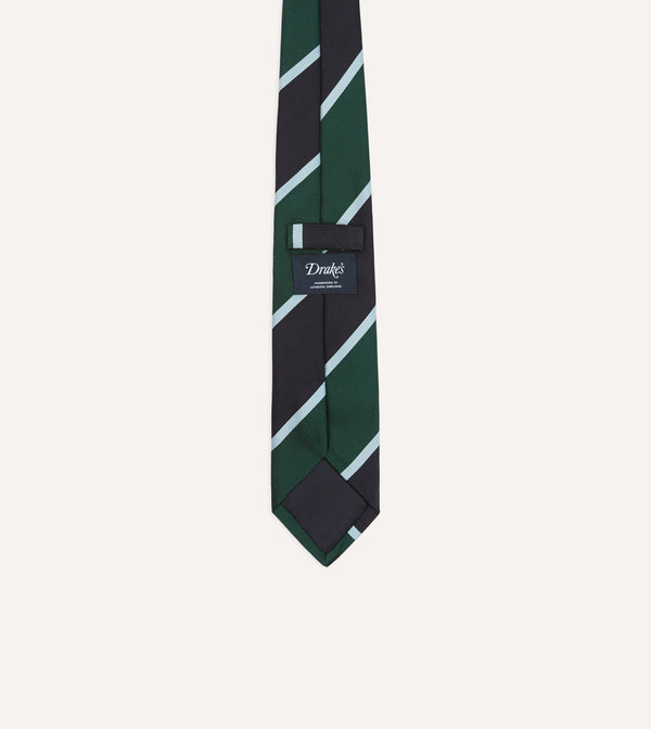 Drake's Navy And Green Broad Stripe Mogador Silk Tipped Tie