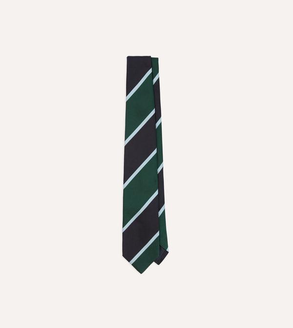 drake's Navy and Green Broad Stripe Mogador Silk Tipped Tie