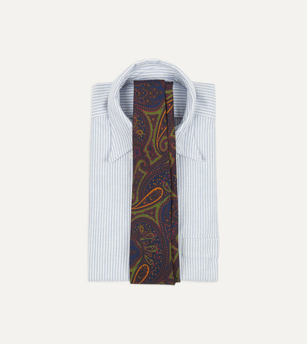 Drake's Navy And Green Large Paisley Print Madder Silk Self Tipped Tie