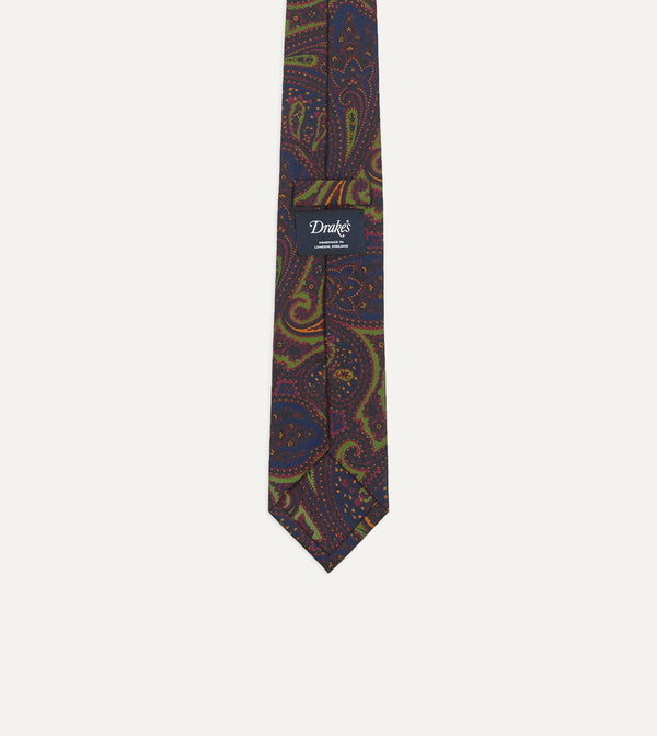 Drake's Navy And Green Large Paisley Print Madder Silk Self Tipped Tie