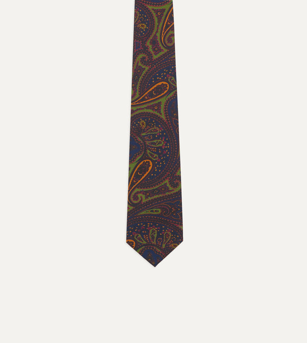 Drake's Navy And Green Large Paisley Print Madder Silk Self Tipped Tie