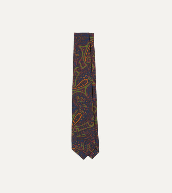 drake's Navy and Green Large Paisley Print Madder Silk Self Tipped Tie