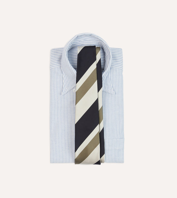 Drake's Navy And Olive Broad Stripe Silk Tipped Tie