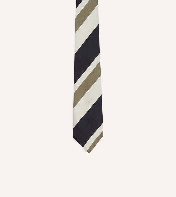 Drake's Navy And Olive Broad Stripe Silk Tipped Tie