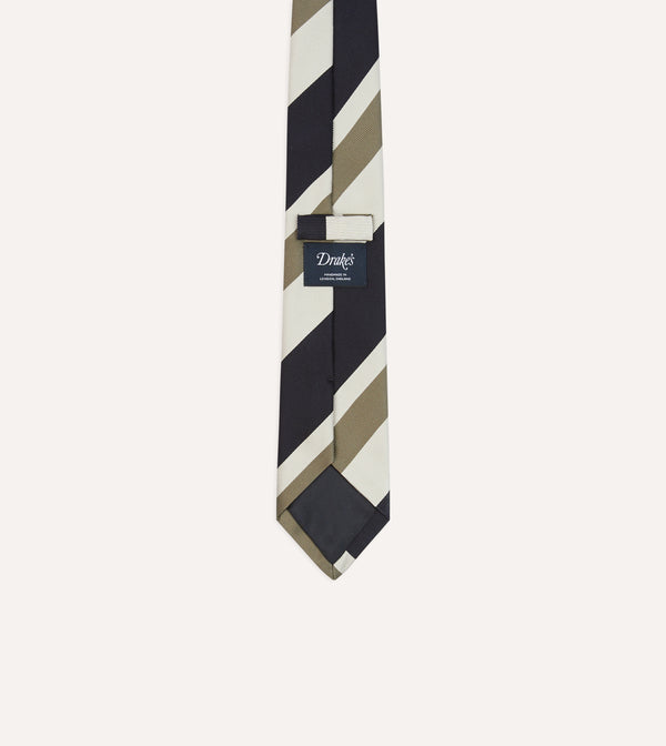 Drake's Navy And Olive Broad Stripe Silk Tipped Tie