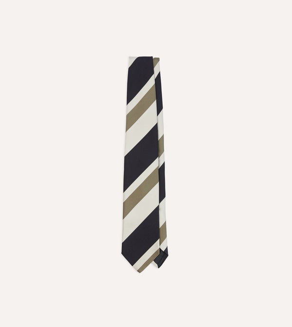 drake's Navy and Olive Broad Stripe Silk Tipped Tie