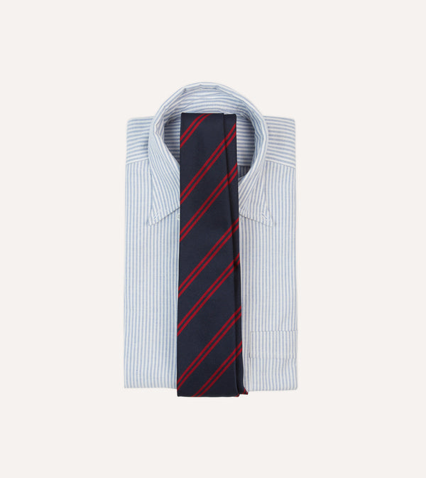Drake's Navy And Red Double Stripe Repp Silk Tipped Tie