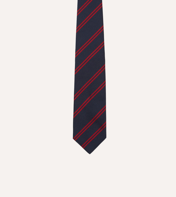Drake's Navy And Red Double Stripe Repp Silk Tipped Tie