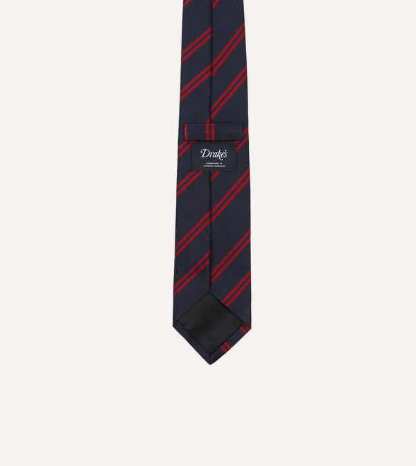 Drake's Navy And Red Double Stripe Repp Silk Tipped Tie