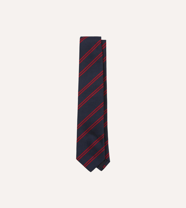 drake's Navy and Red Double Stripe Repp Silk Tipped Tie