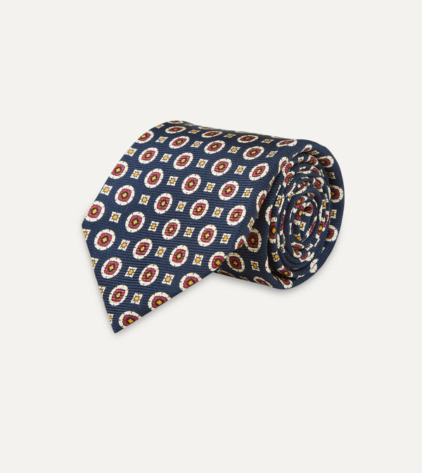 Drake's Navy And Red Geometric Medallion Print Silk Foulard Tie