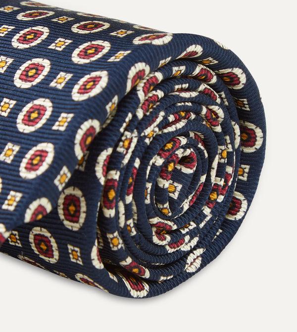 Drake's Navy And Red Geometric Medallion Print Silk Foulard Tie