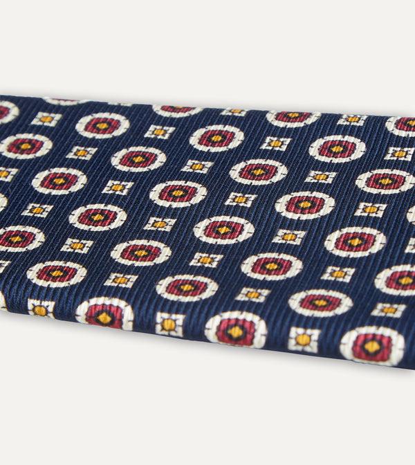 Drake's Navy And Red Geometric Medallion Print Silk Foulard Tie