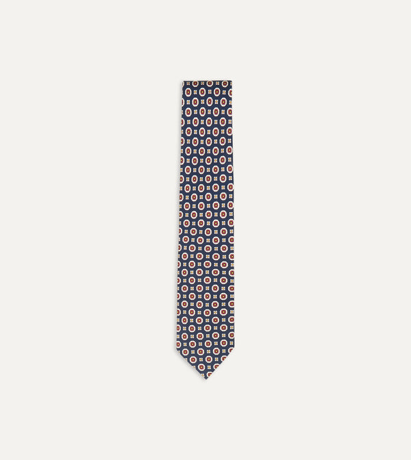 drake's Navy and Red Geometric Medallion Print Silk Foulard Tie