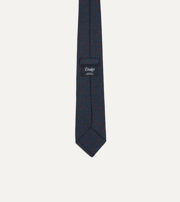 Drake's Navy And Red Paisley Print Silk Twill Self Tipped Tie