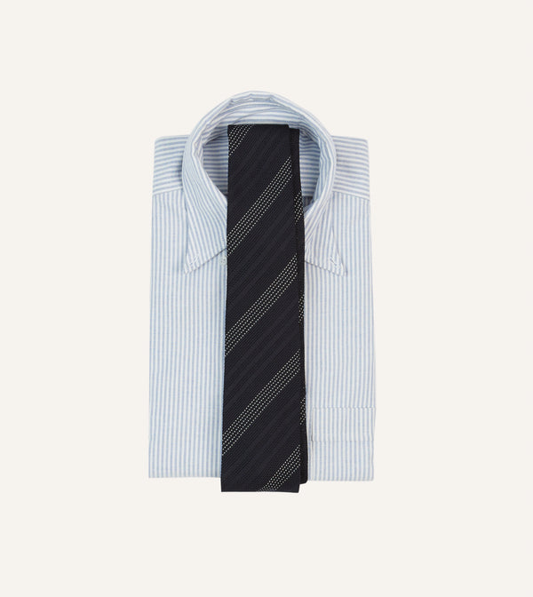 Drake's Navy And White Dashed Stripe Hand Rolled Silk Grenadine Tie