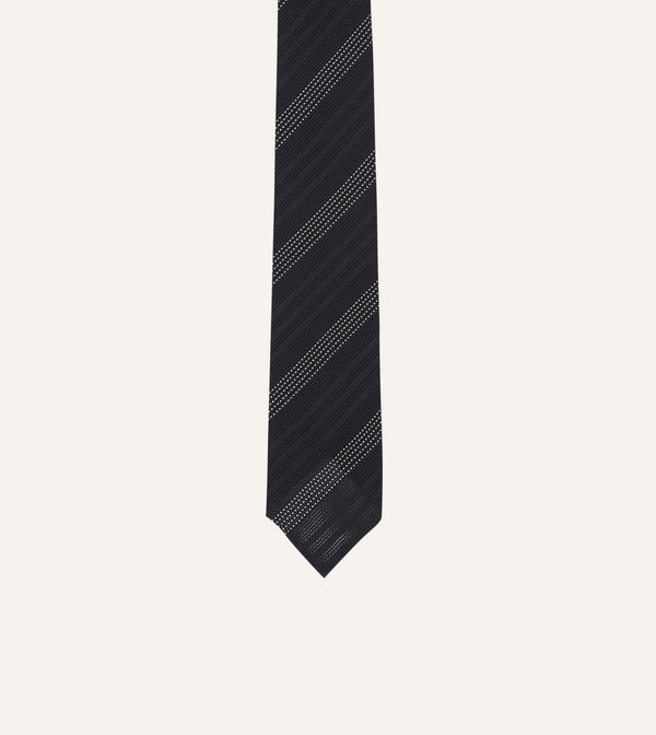 Drake's Navy And White Dashed Stripe Hand Rolled Silk Grenadine Tie