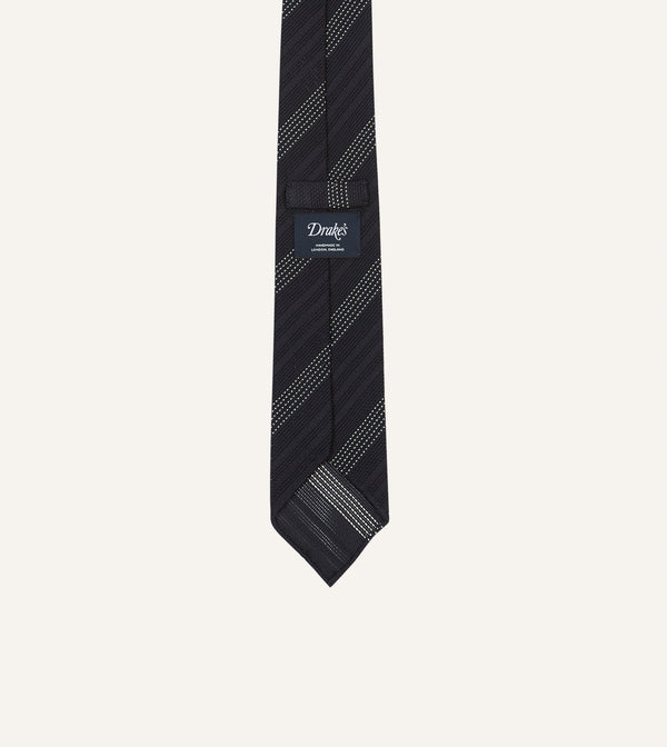 Drake's Navy And White Dashed Stripe Hand Rolled Silk Grenadine Tie
