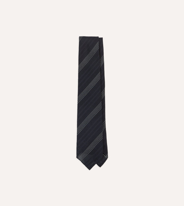 drake's Navy and White Dashed Stripe Hand Rolled Silk Grenadine Tie