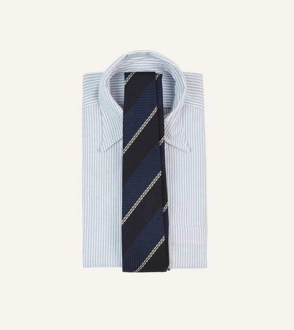 Drake's Navy And White Multi Stripe Hand Rolled Silk Grenadine Tie