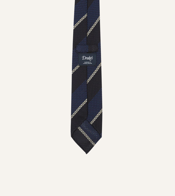 Drake's Navy And White Multi Stripe Hand Rolled Silk Grenadine Tie
