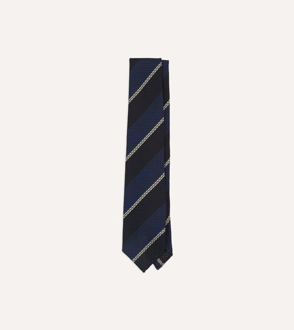 drake's Navy and White Multi Stripe Hand Rolled Silk Grenadine Tie