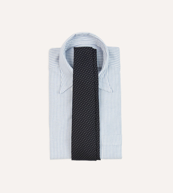 Drake's Navy And White Stitch Fine Woven Grenadine Silk Tipped Tie