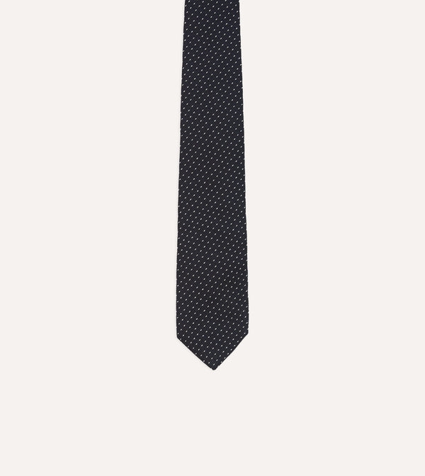 Drake's Navy And White Stitch Fine Woven Grenadine Silk Tipped Tie