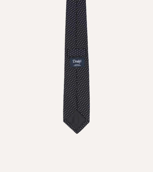 Drake's Navy And White Stitch Fine Woven Grenadine Silk Tipped Tie