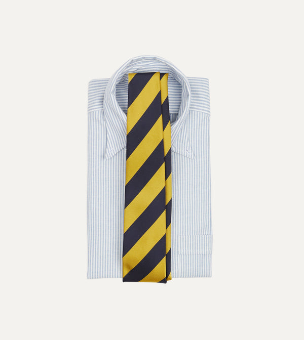 Drake's Navy And Yellow Broad Stripe Silk Tipped Tie
