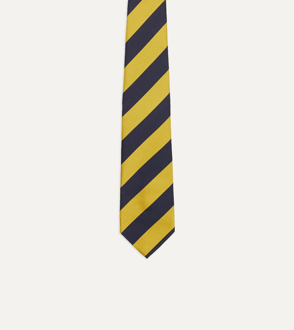 Drake's Navy And Yellow Broad Stripe Silk Tipped Tie