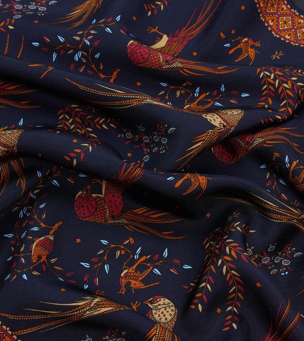 Drake's Navy Birds Of Paradise Print Tubular Silk Tasselled Scarf