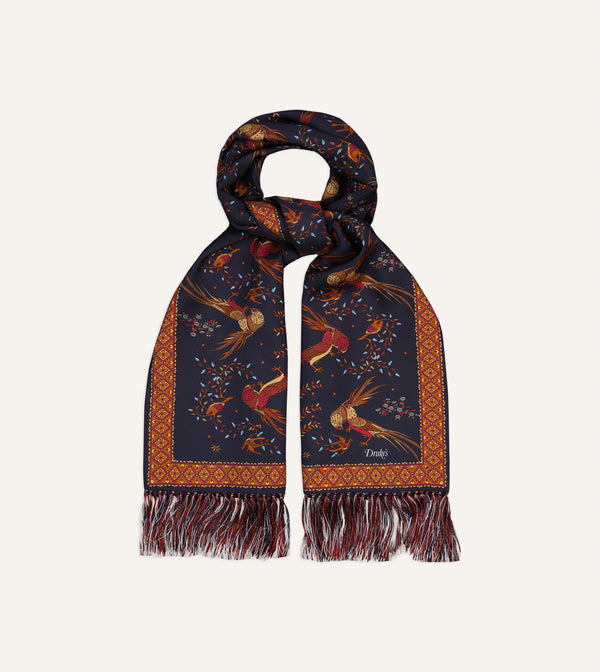 Drake's Navy Birds Of Paradise Print Tubular Silk Tasselled Scarf