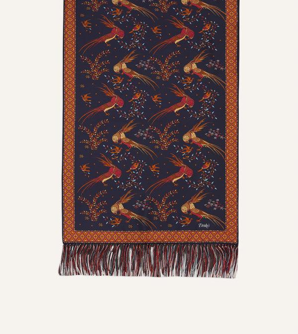 Drake's Navy Birds Of Paradise Print Tubular Silk Tasselled Scarf