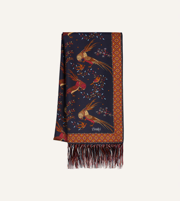 drake's Navy Birds of Paradise Print Tubular Silk Tasselled Scarf