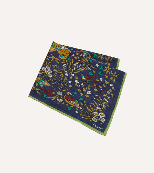Drake's Navy Birds Of Paradise Print Wool-Silk Pocket Square