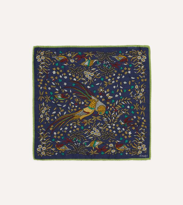 drake's Navy Birds of Paradise Print Wool-Silk Pocket Square