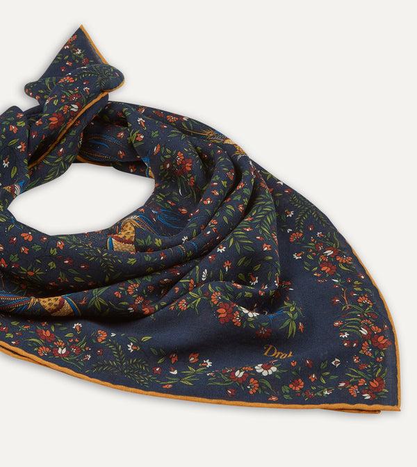 Drake's Navy Birds Of Paradise Print Wool-Silk Square Scarf