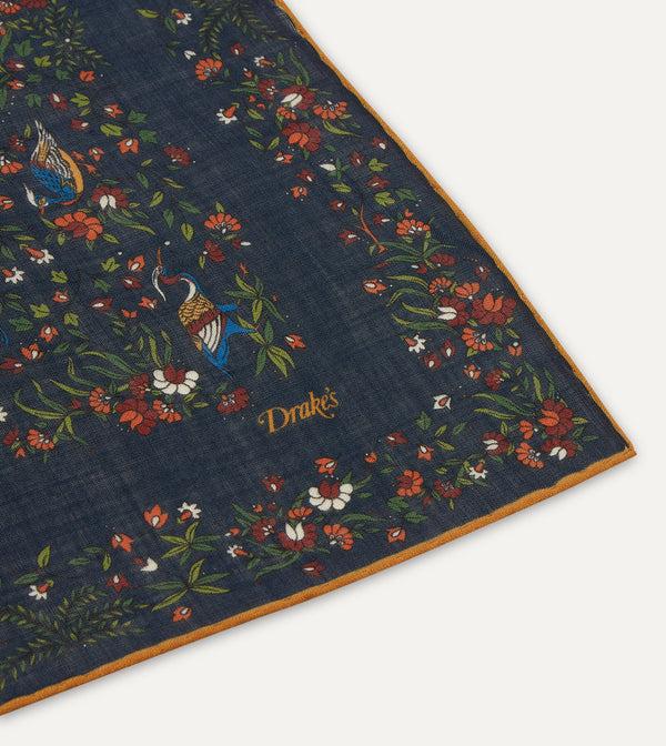 Drake's Navy Birds Of Paradise Print Wool-Silk Square Scarf
