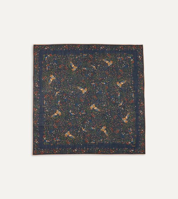drake's Navy Birds of Paradise Print Wool-Silk Square Scarf