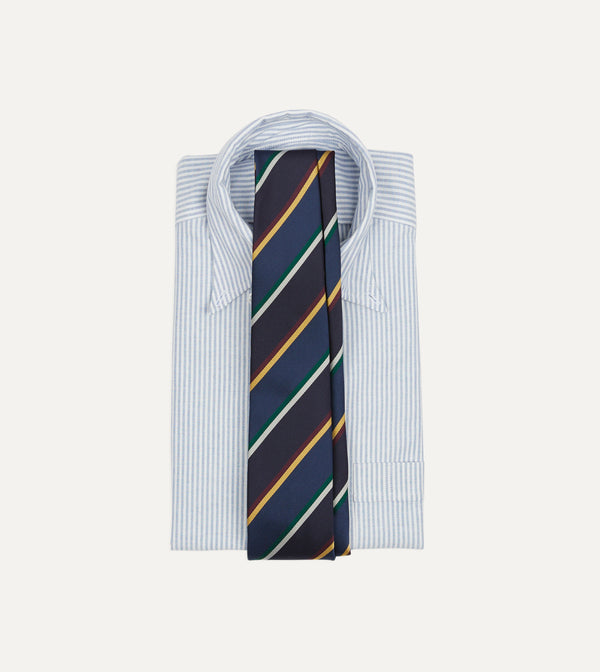 Drake's Navy Blue And Red Multi Stripe Silk Tipped Tie