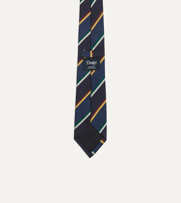 Drake's Navy Blue And Red Multi Stripe Silk Tipped Tie