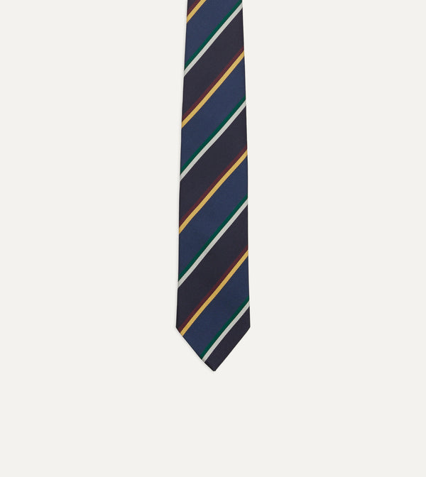 Drake's Navy Blue And Red Multi Stripe Silk Tipped Tie