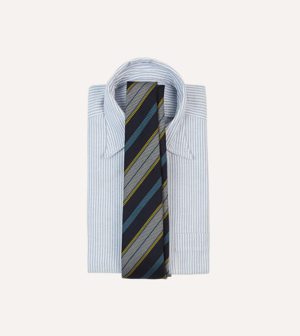 Drake's Navy Blue Yellow And White Multi Stripe Tipped Silk Grenadine Tie