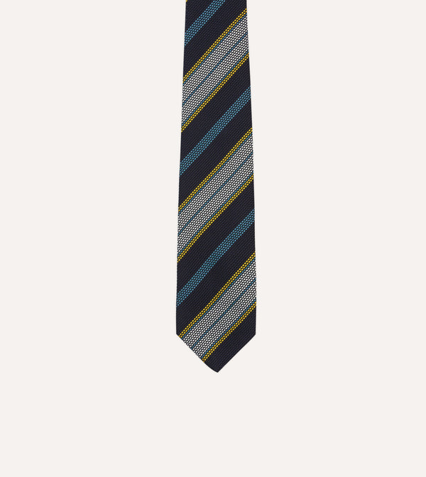Drake's Navy Blue Yellow And White Multi Stripe Tipped Silk Grenadine Tie