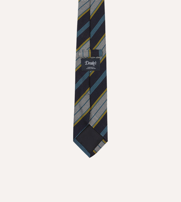 Drake's Navy Blue Yellow And White Multi Stripe Tipped Silk Grenadine Tie