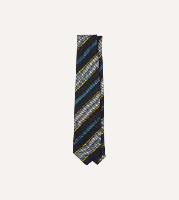 drake's Navy Blue Yellow and White Multi Stripe Tipped Silk Grenadine Tie
