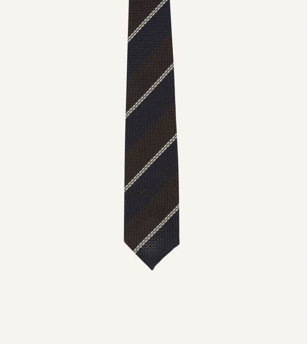 Drake's Navy Brown And White Multi Stripe Hand Rolled Silk Grenadine Tie