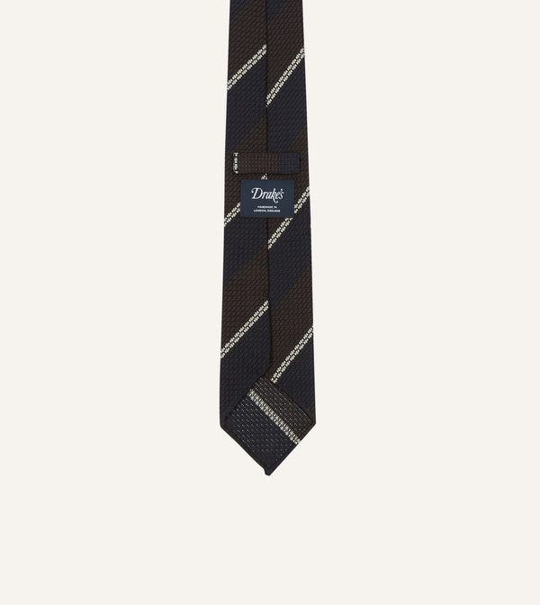 Drake's Navy Brown And White Multi Stripe Hand Rolled Silk Grenadine Tie