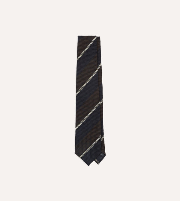 drake's Navy Brown and White Multi Stripe Hand Rolled Silk Grenadine Tie
